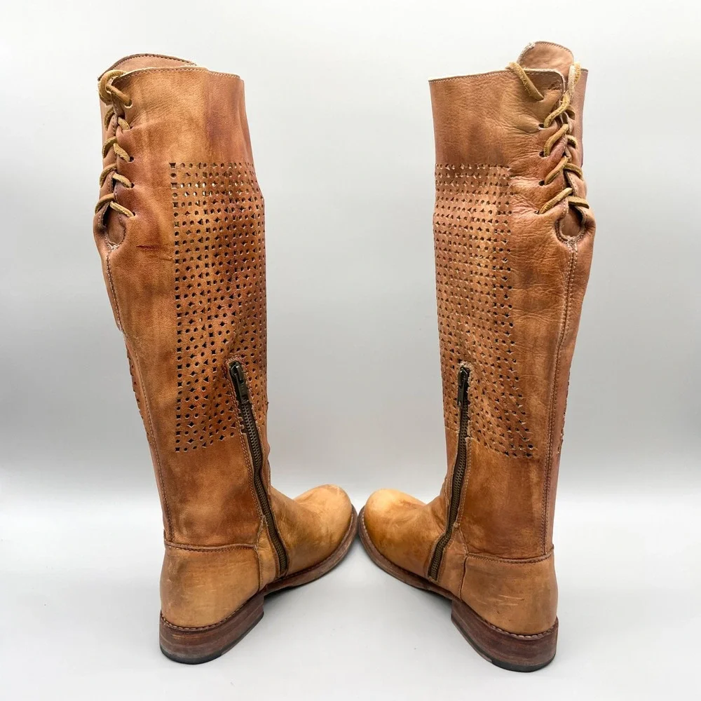 Bed Stu Cambridge Boots Womens 6.5 Tan Distressed Leather Perforated Tall Boho